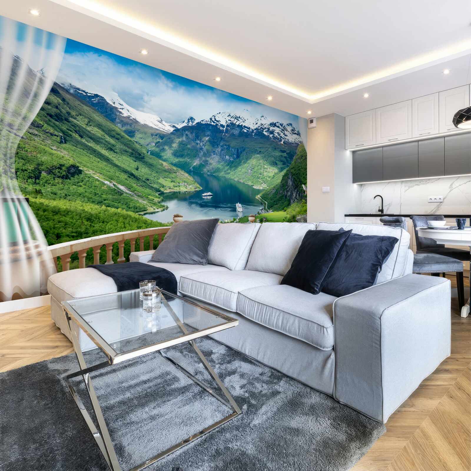 Fotobehang terras omgeven door bergen met een meer