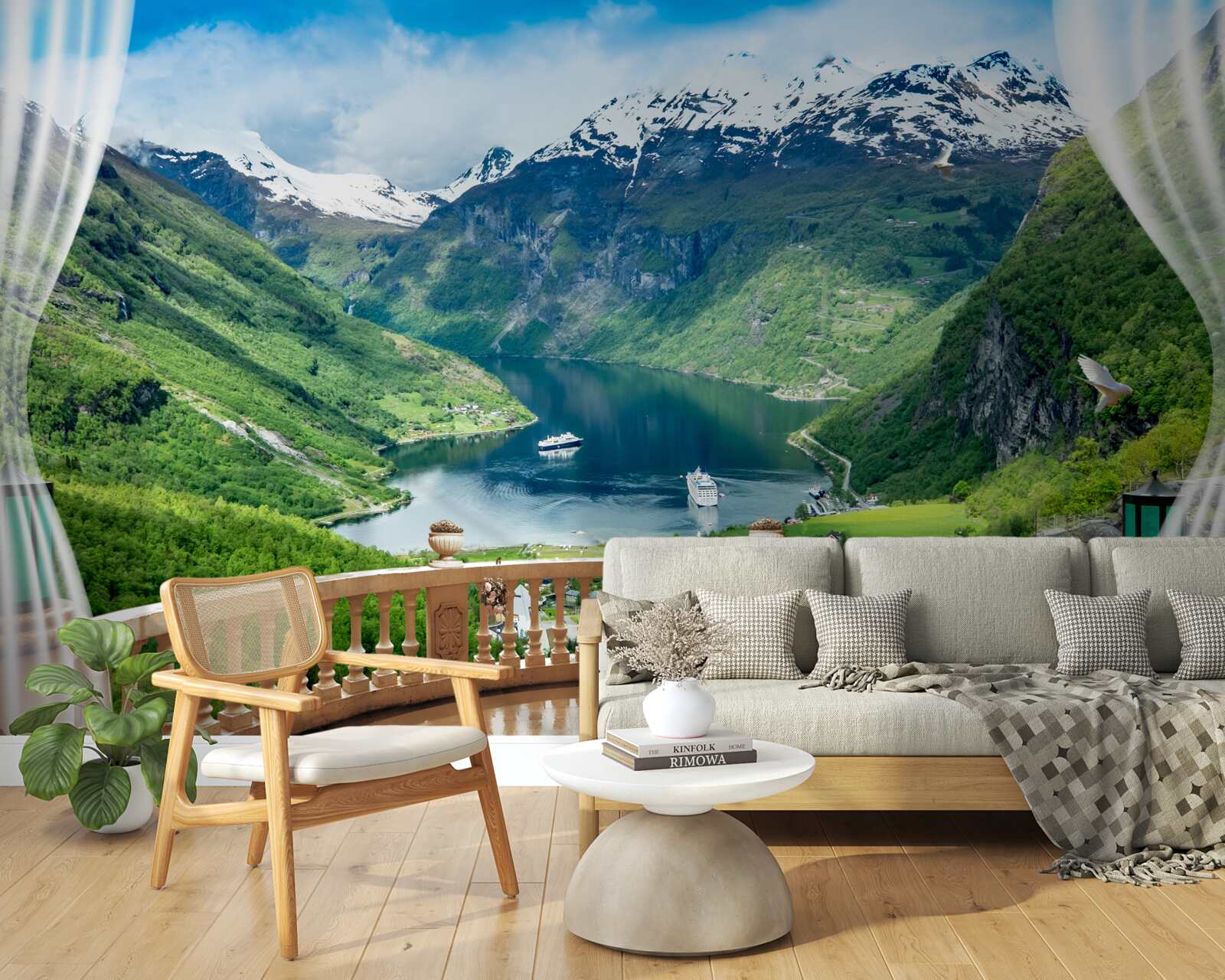 Fotobehang terras omgeven door bergen met een meer