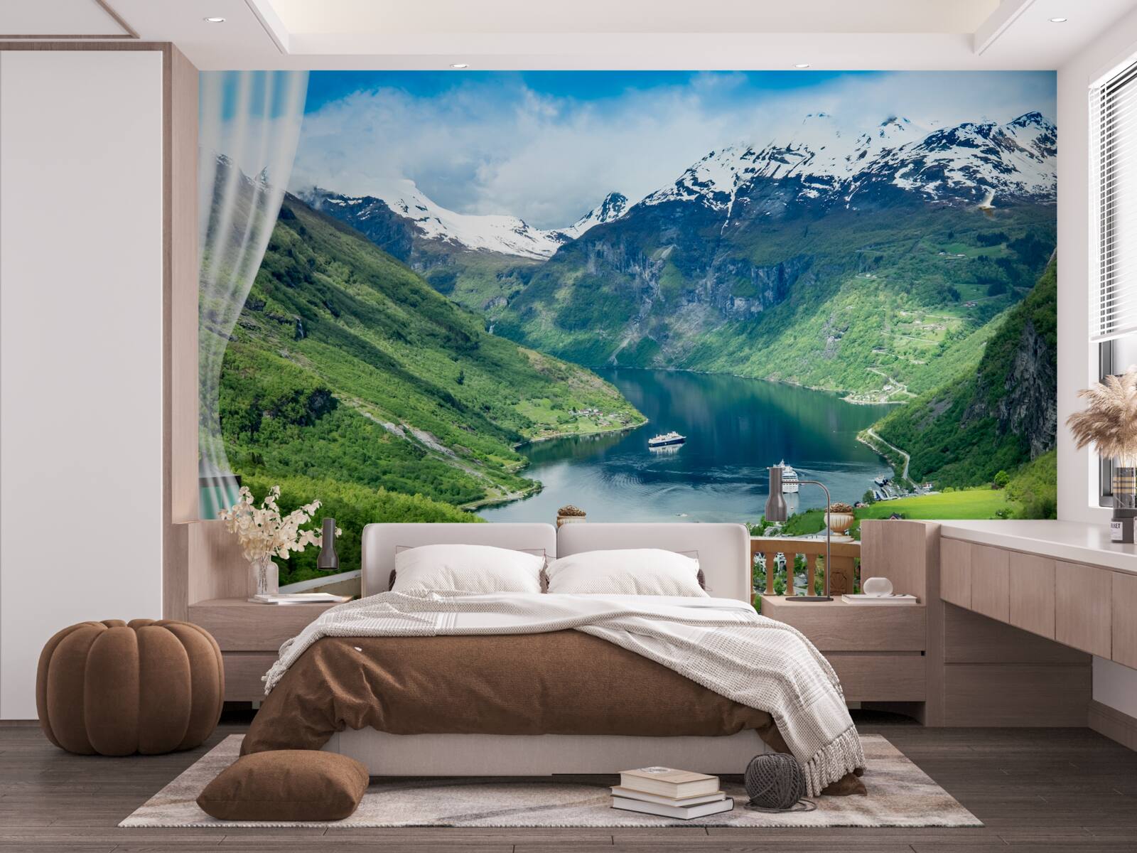 Fotobehang terras omgeven door bergen met een meer