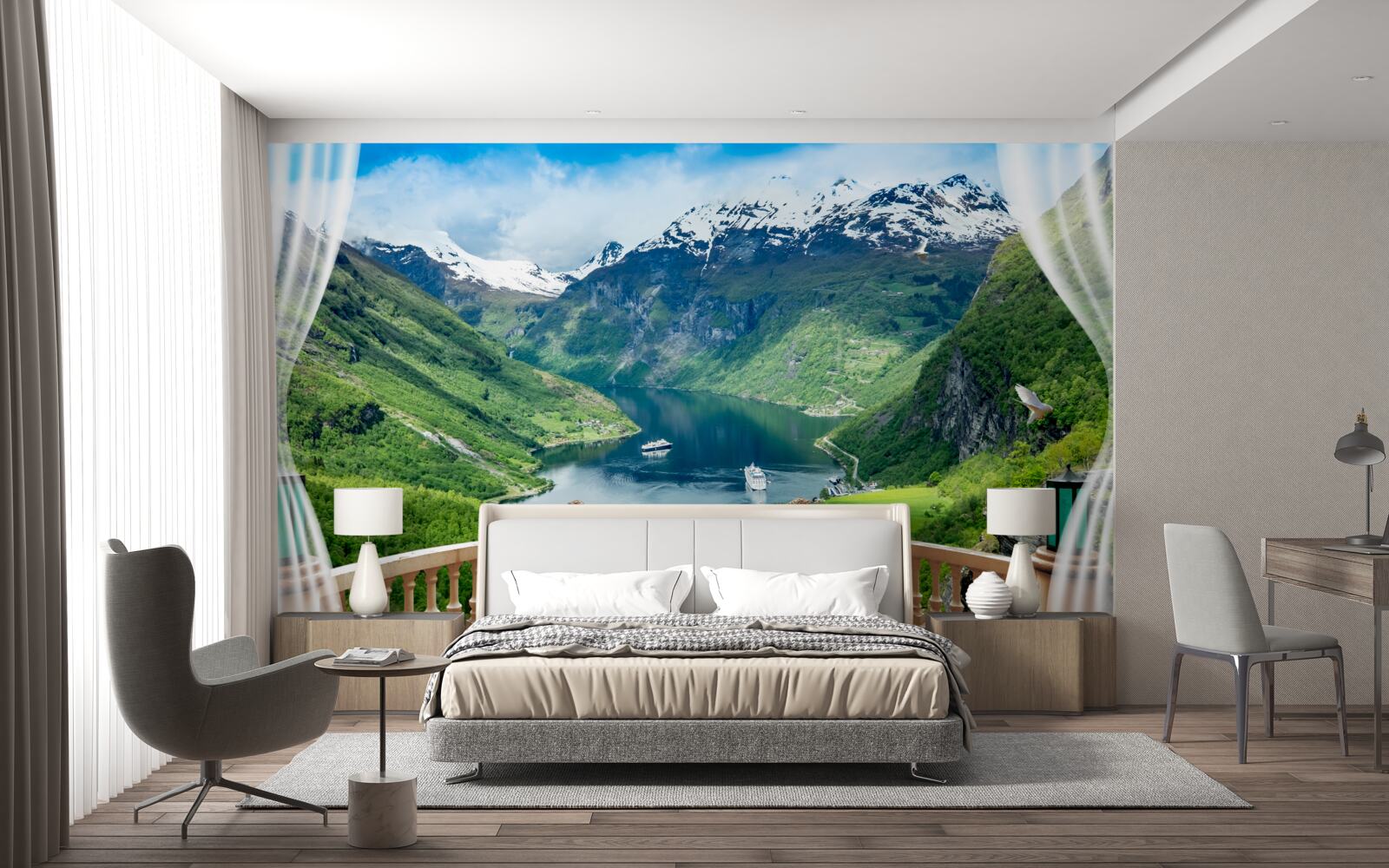 Fotobehang terras omgeven door bergen met een meer