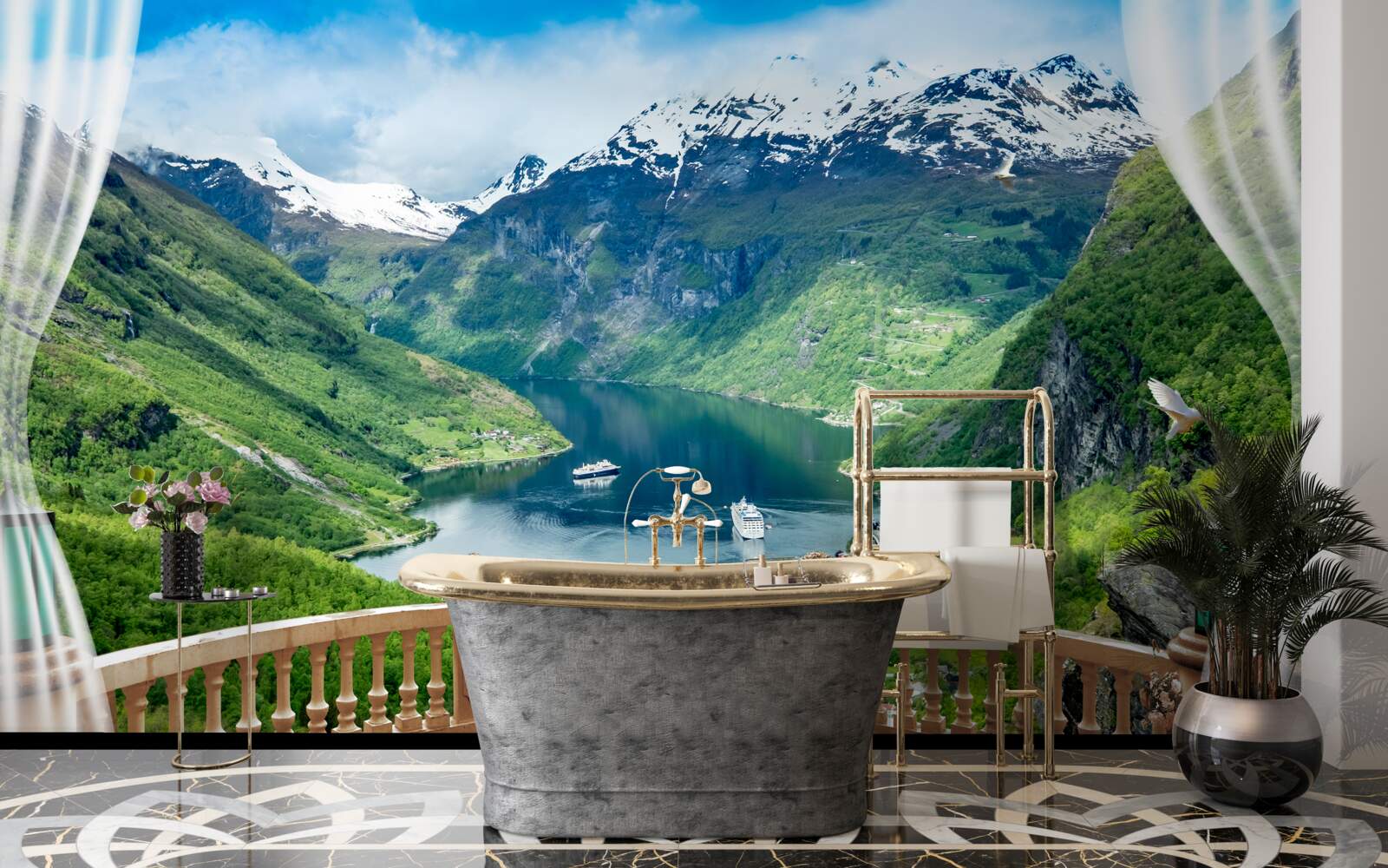 Fotobehang terras omgeven door bergen met een meer