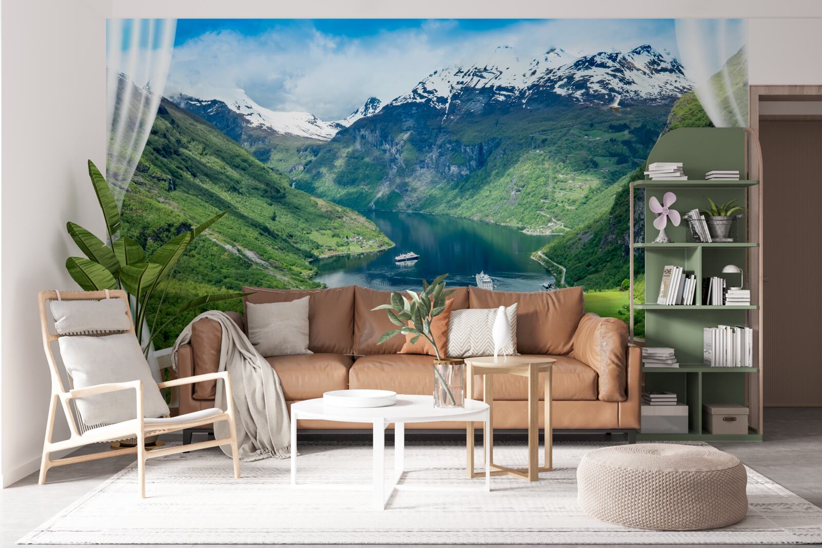 Fotobehang terras omgeven door bergen met een meer