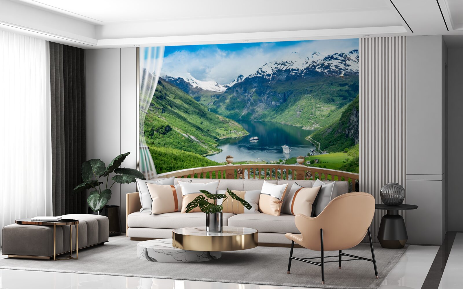 Fotobehang terras omgeven door bergen met een meer