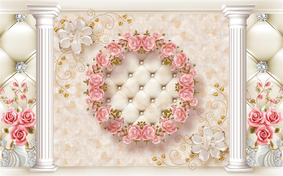 Fotobehang aan de muur hangt een krans van roze rozen