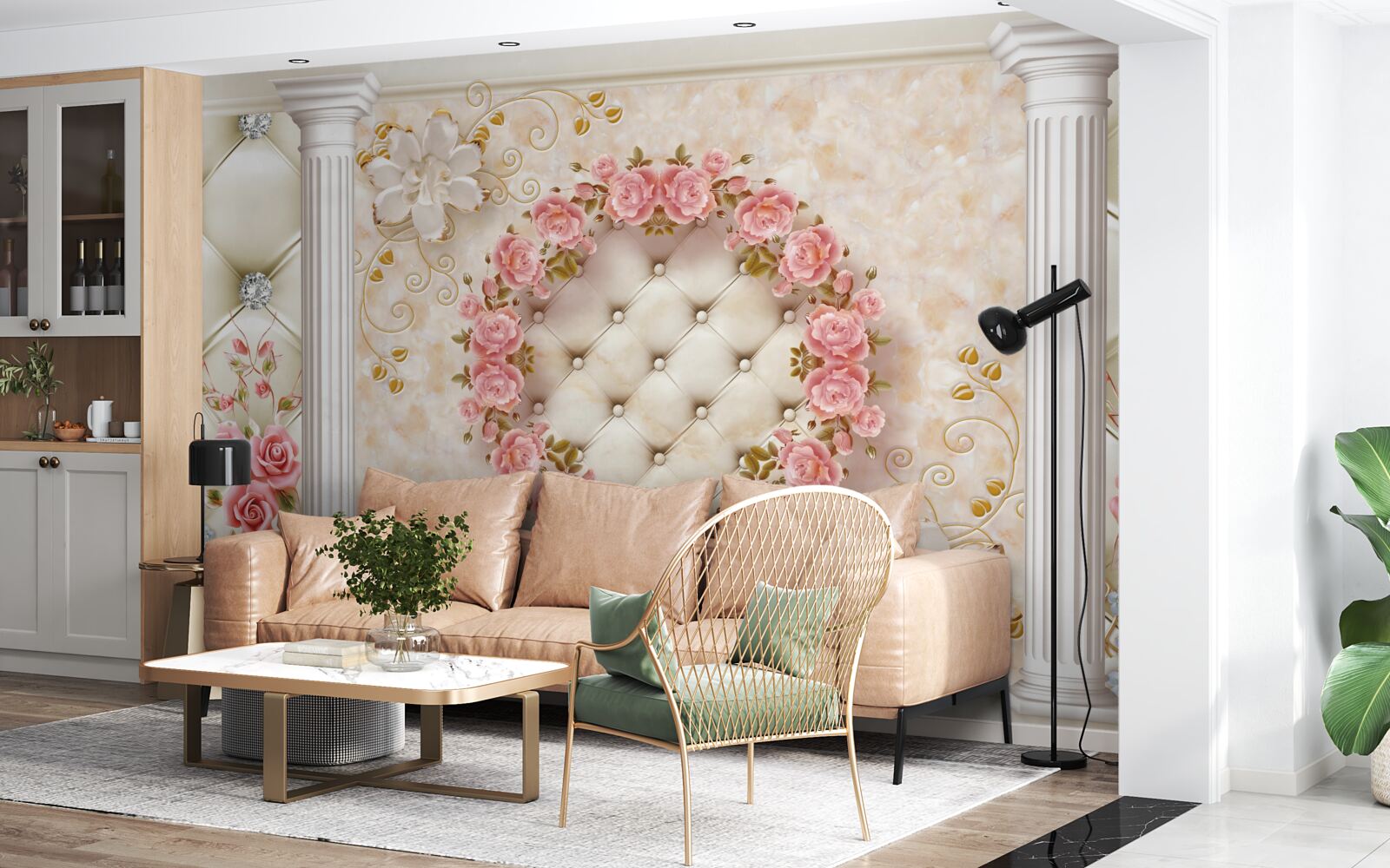 Fotobehang aan de muur hangt een krans van roze rozen
