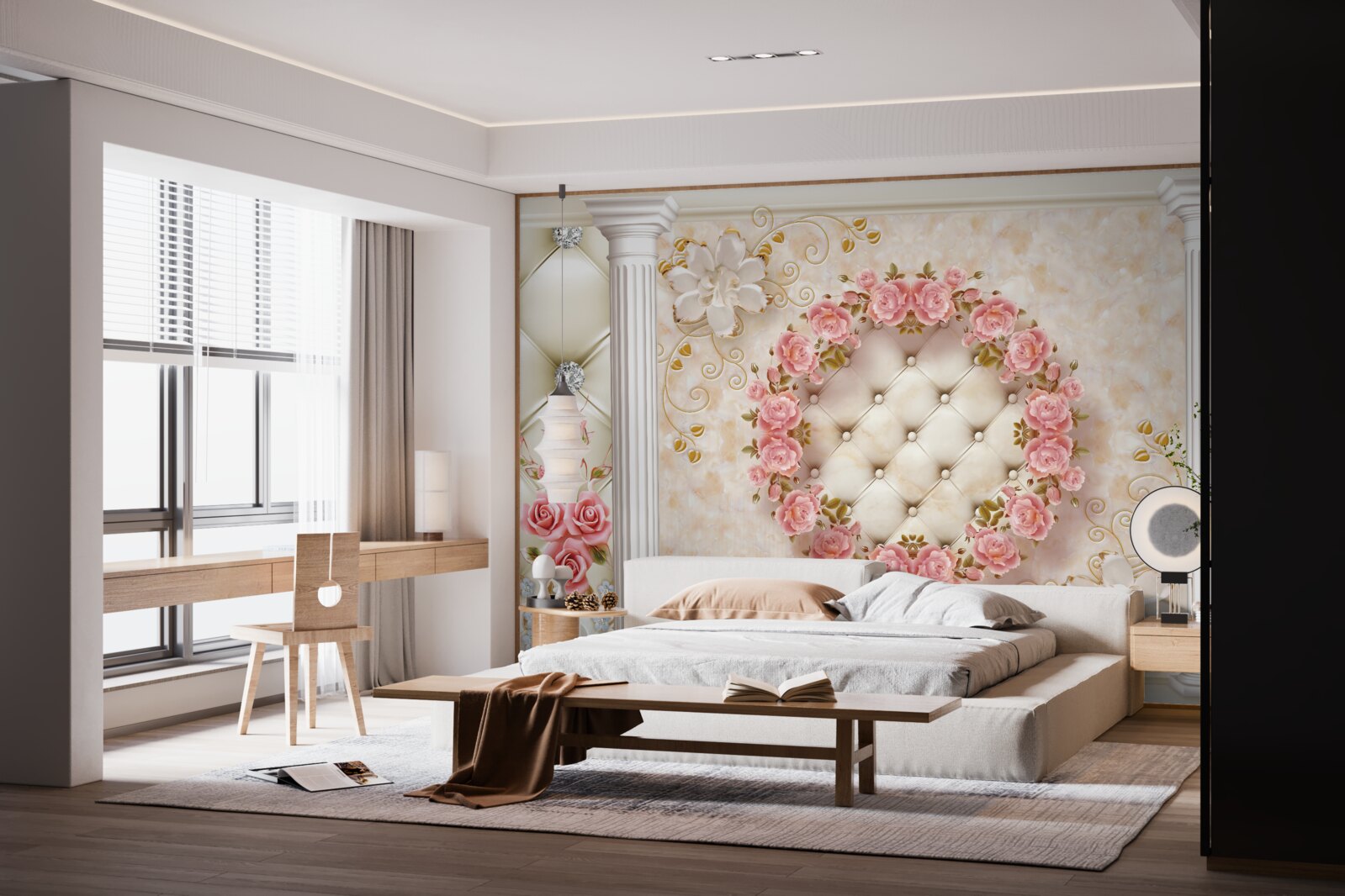 Fotobehang aan de muur hangt een krans van roze rozen