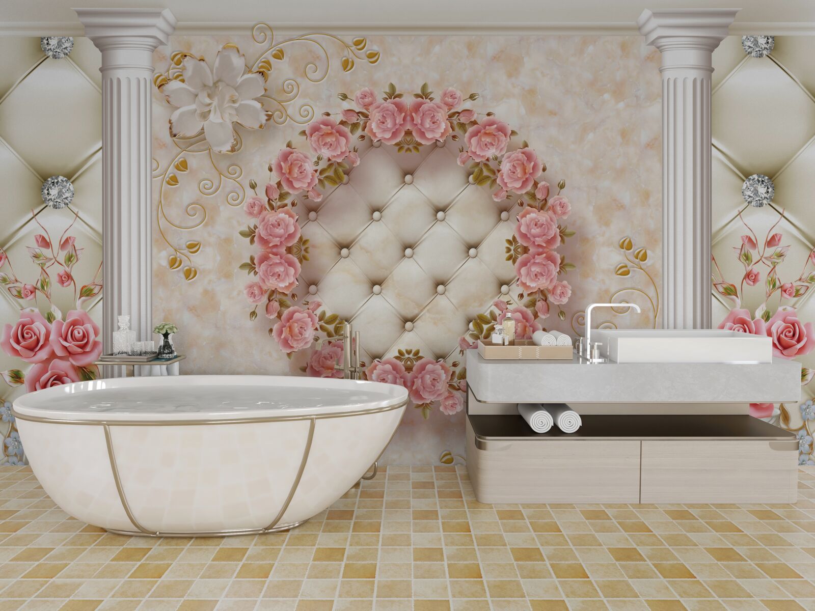 Fotobehang aan de muur hangt een krans van roze rozen