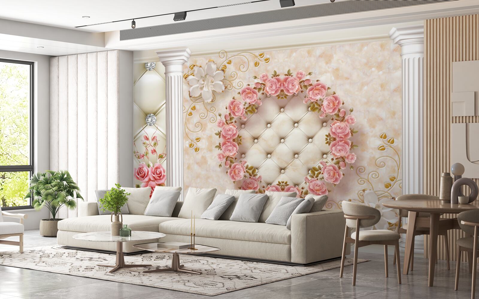 Fotobehang aan de muur hangt een krans van roze rozen
