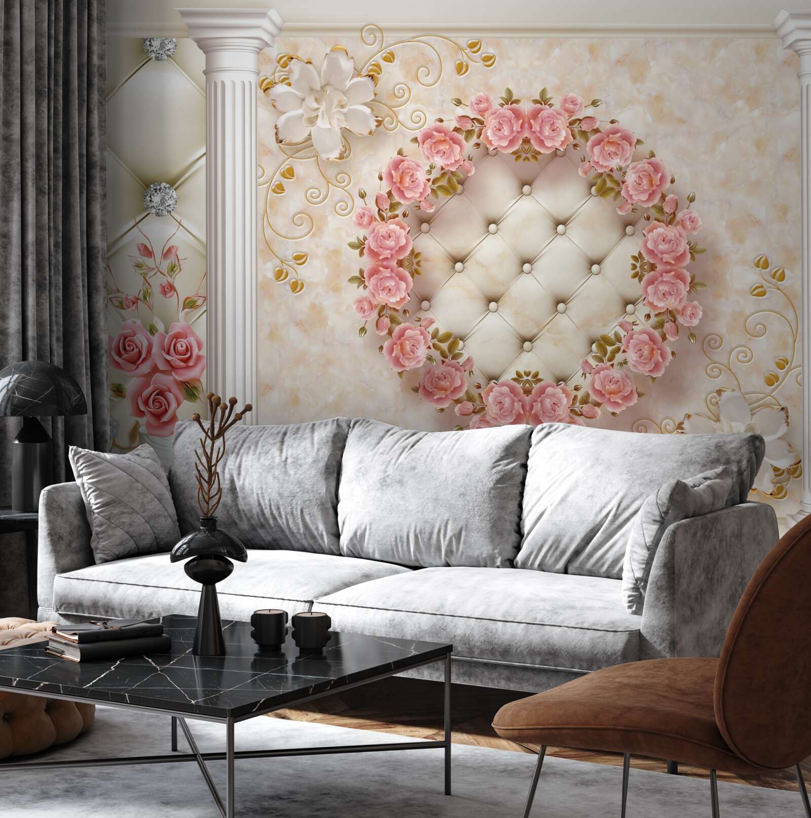 Fotobehang aan de muur hangt een krans van roze rozen