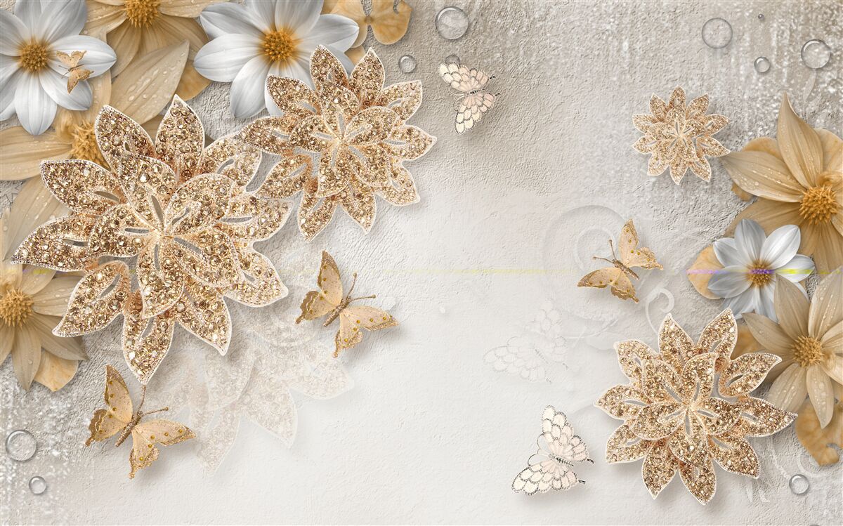 Fotobehang bloemen in witte en bruine tinten met vliegende vlinders