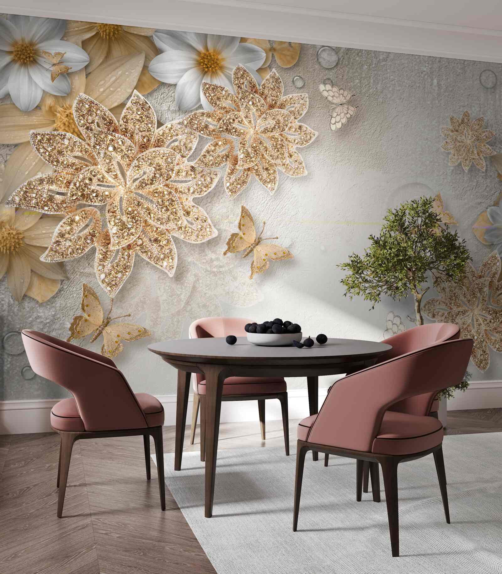 Fotobehang bloemen in witte en bruine tinten met vliegende vlinders