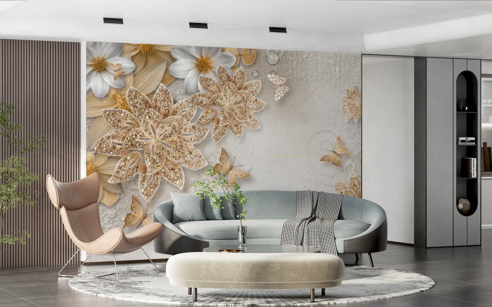 Fotobehang bloemen in witte en bruine tinten met vliegende vlinders