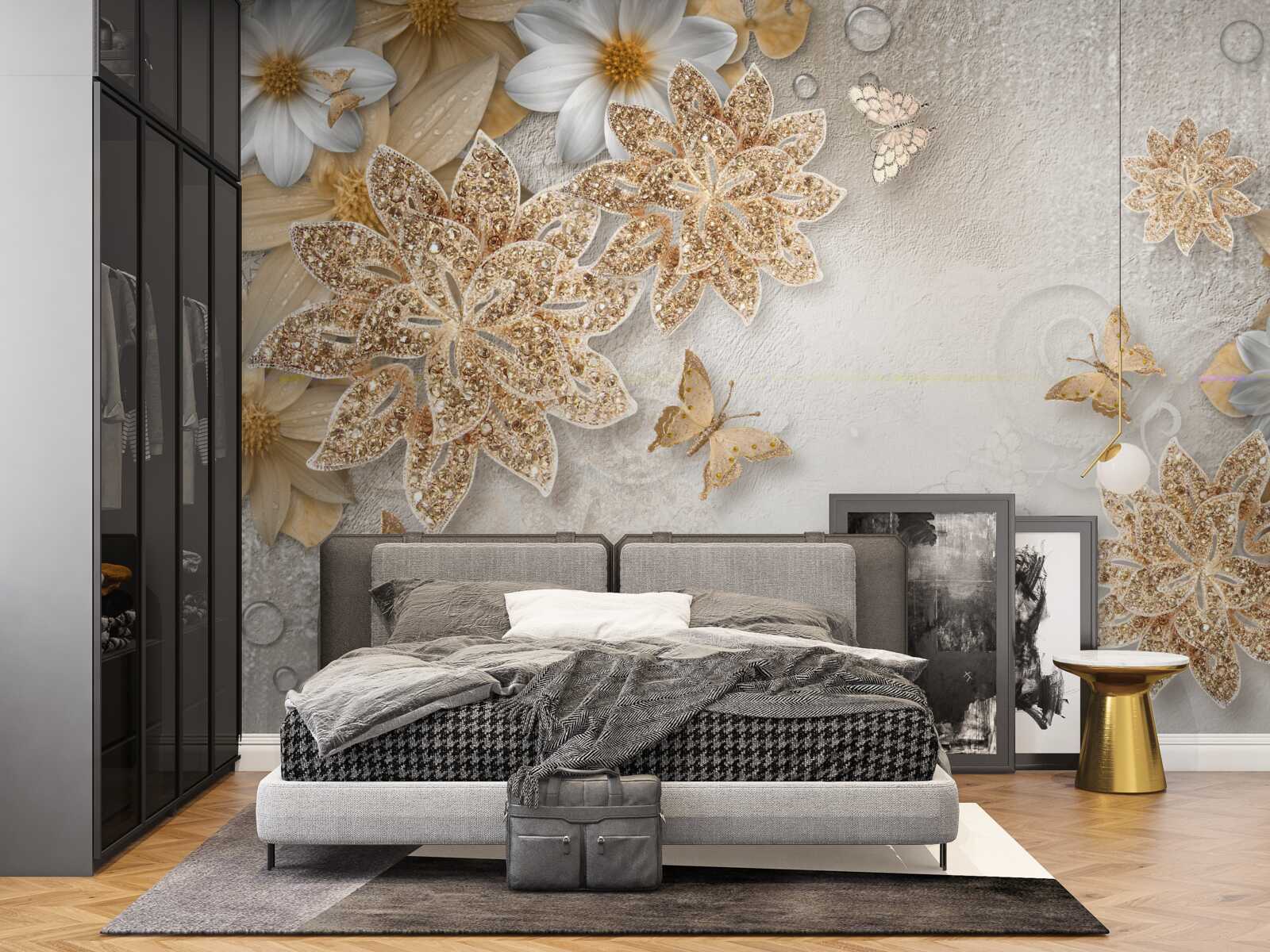 Fotobehang bloemen in witte en bruine tinten met vliegende vlinders