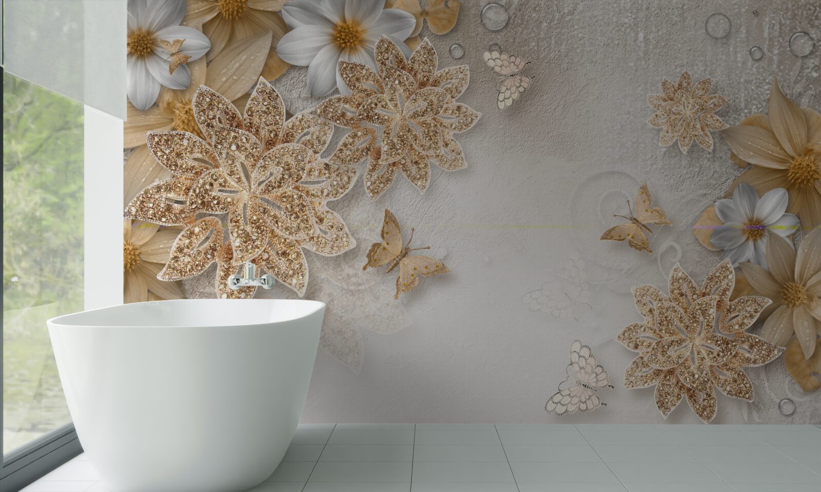 Fotobehang bloemen in witte en bruine tinten met vliegende vlinders