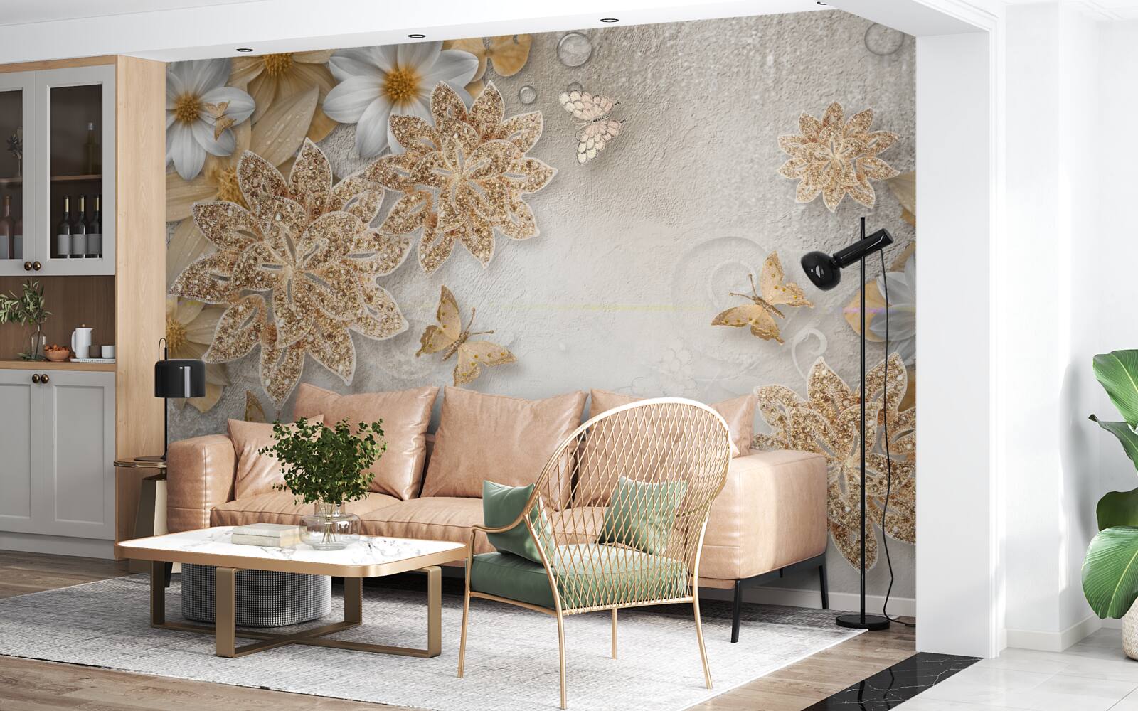 Fotobehang bloemen in witte en bruine tinten met vliegende vlinders