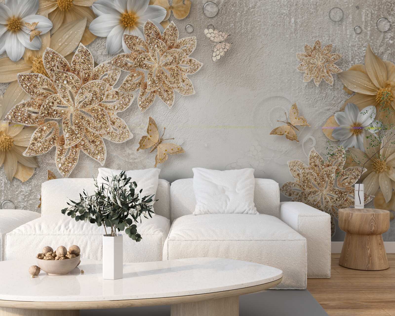 Fotobehang bloemen in witte en bruine tinten met vliegende vlinders