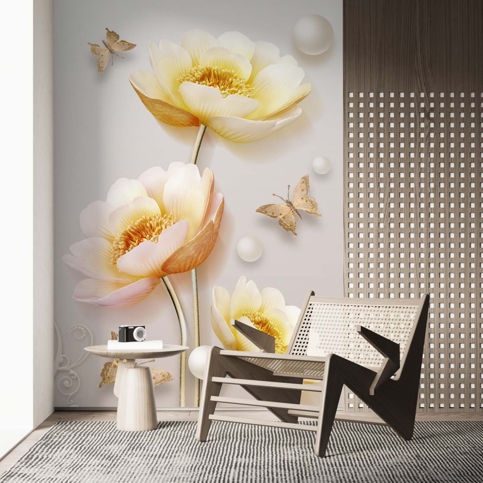 Fotobehang vlinders, parels en knoppen