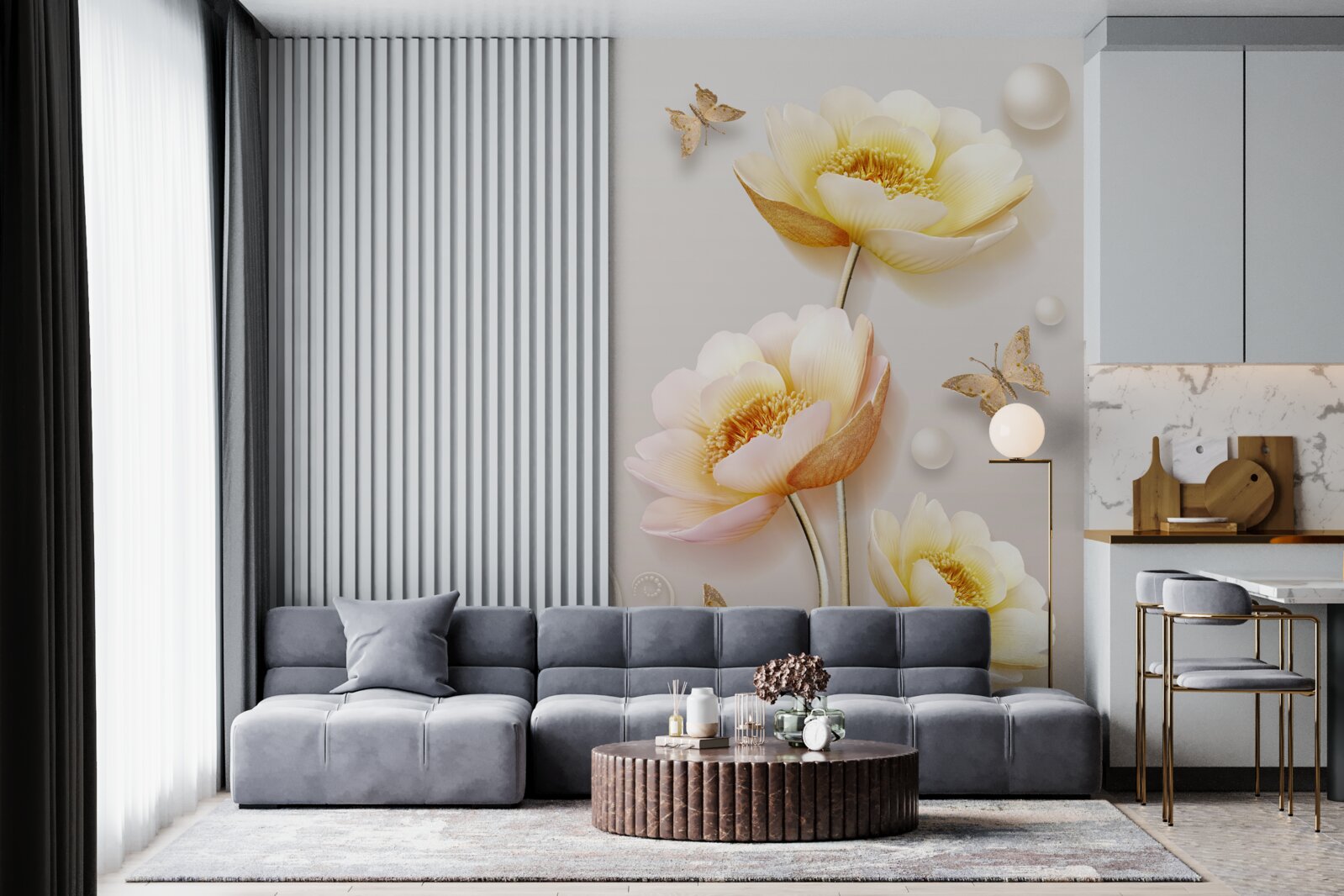 Fotobehang vlinders, parels en knoppen