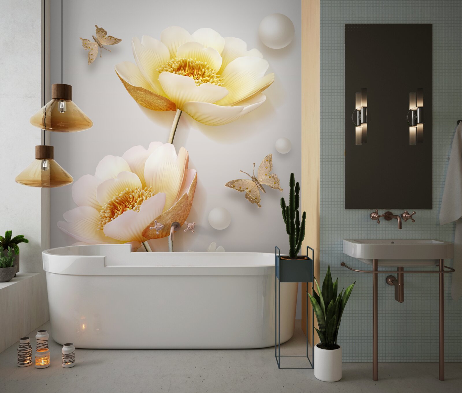 Fotobehang vlinders, parels en knoppen