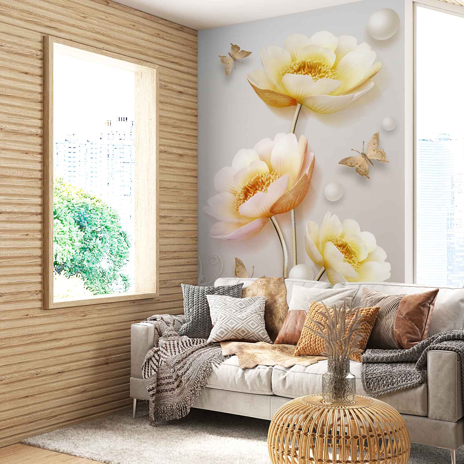 Fotobehang vlinders, parels en knoppen