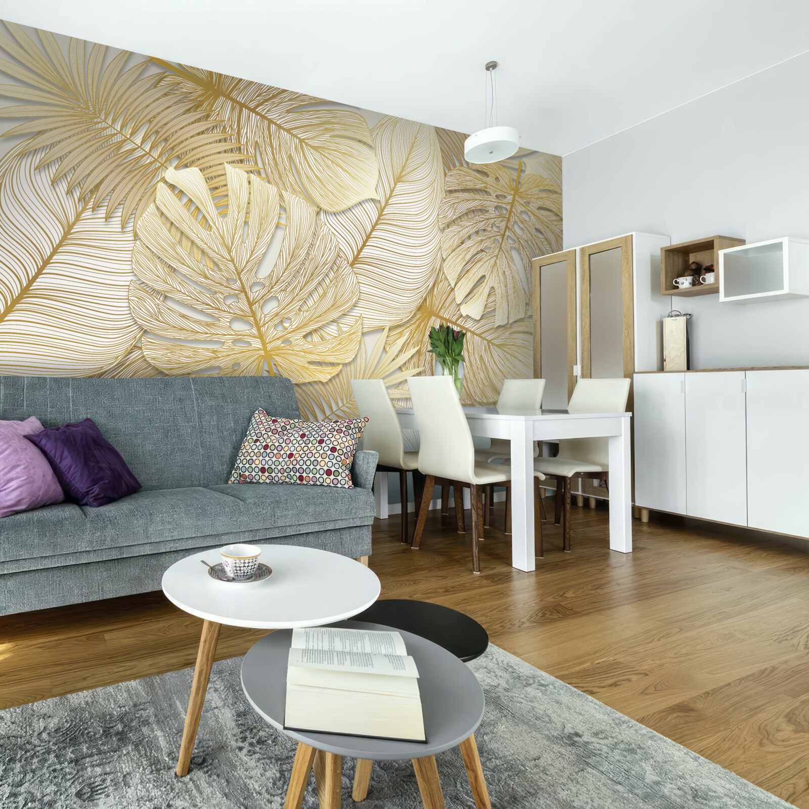 Fotobehang de bladeren van de tropische monstera zijn goud en bruin van kleur