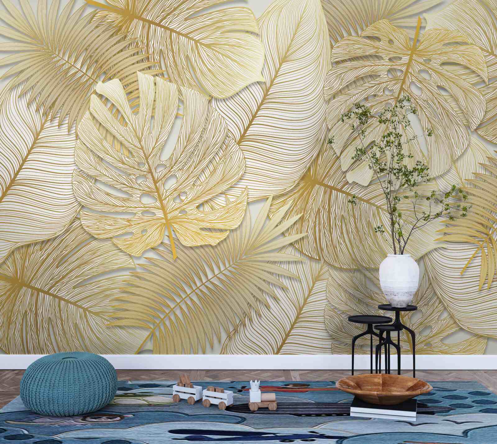 Fotobehang de bladeren van de tropische monstera zijn goud en bruin van kleur