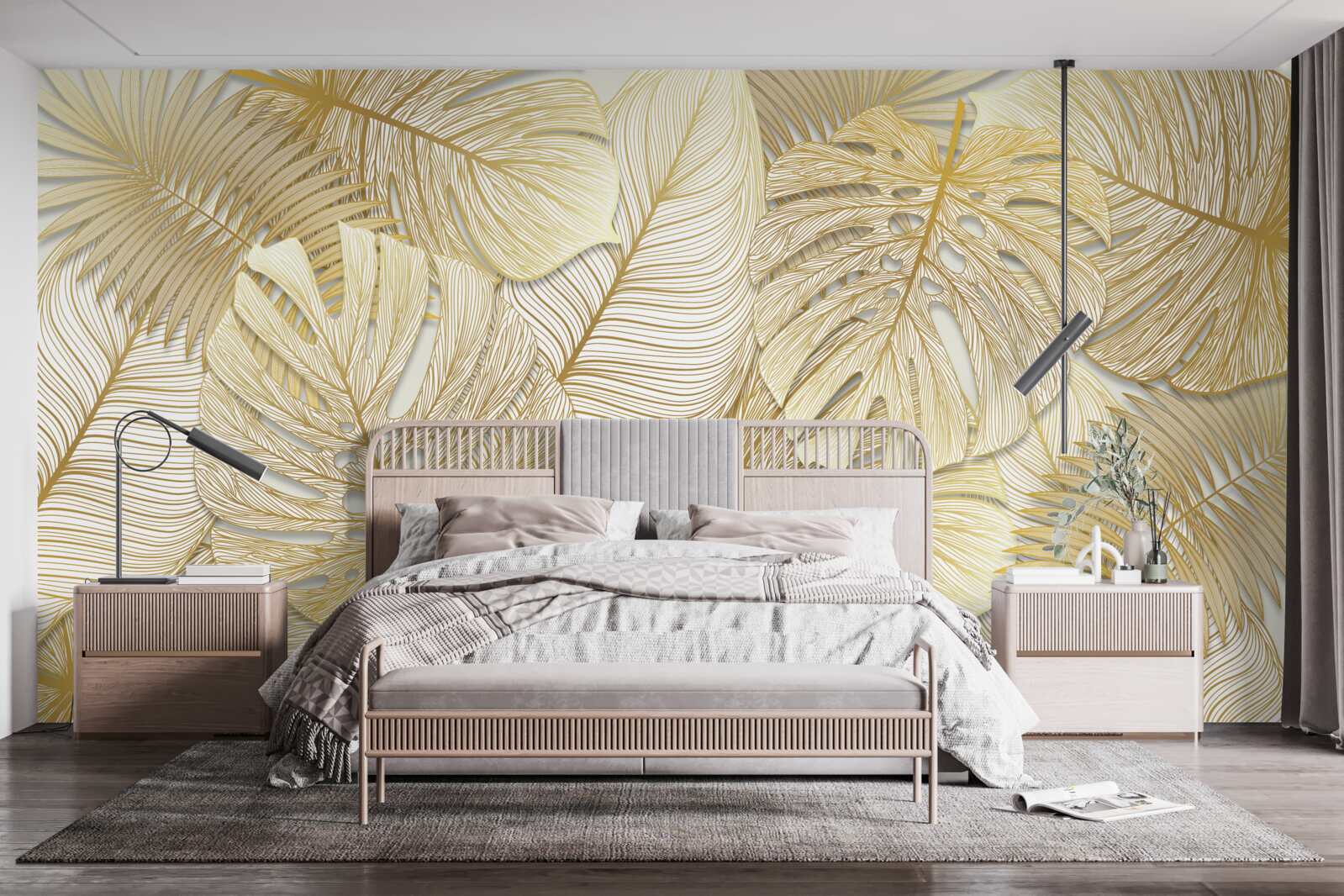 Fotobehang de bladeren van de tropische monstera zijn goud en bruin van kleur