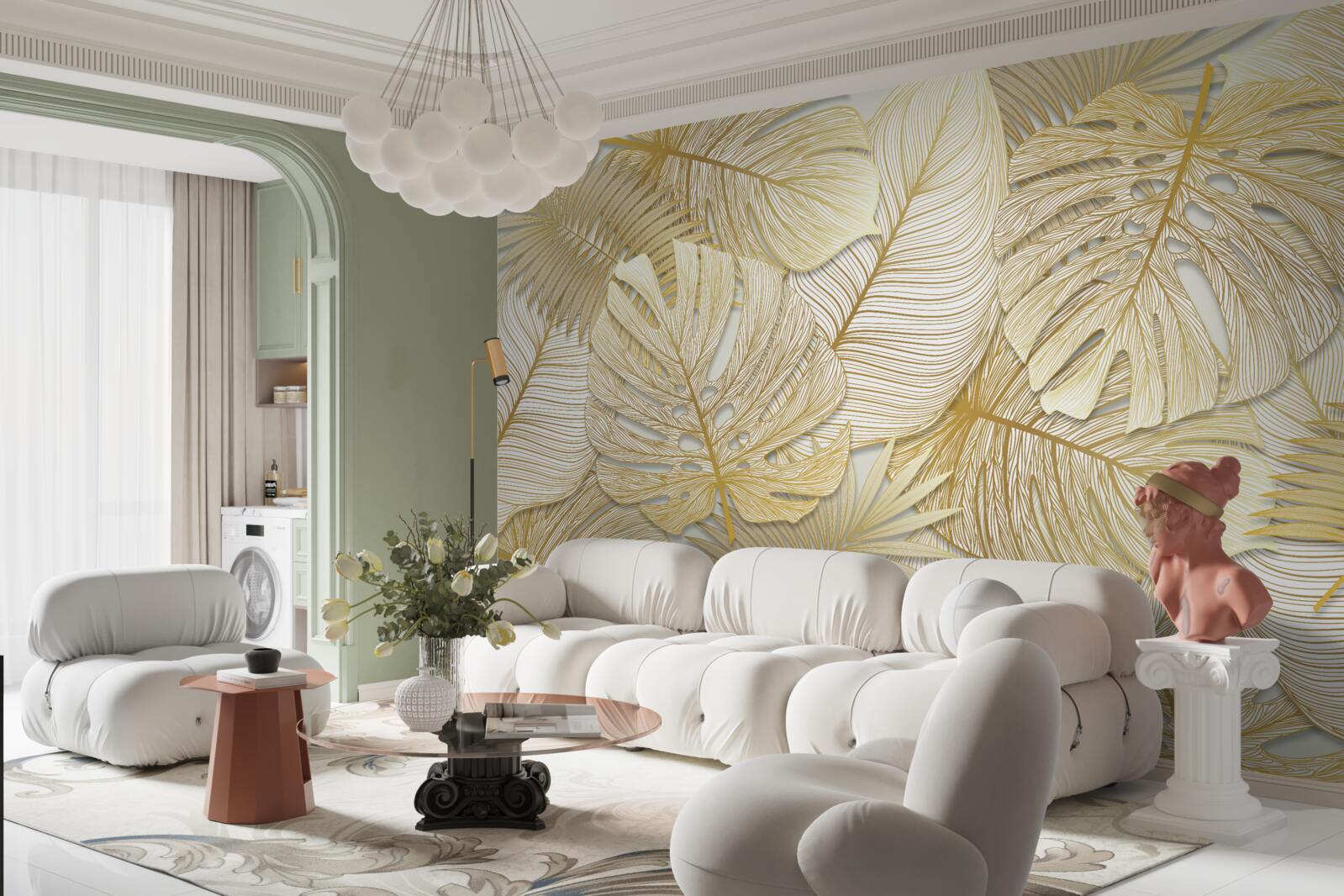 Fotobehang de bladeren van de tropische monstera zijn goud en bruin van kleur