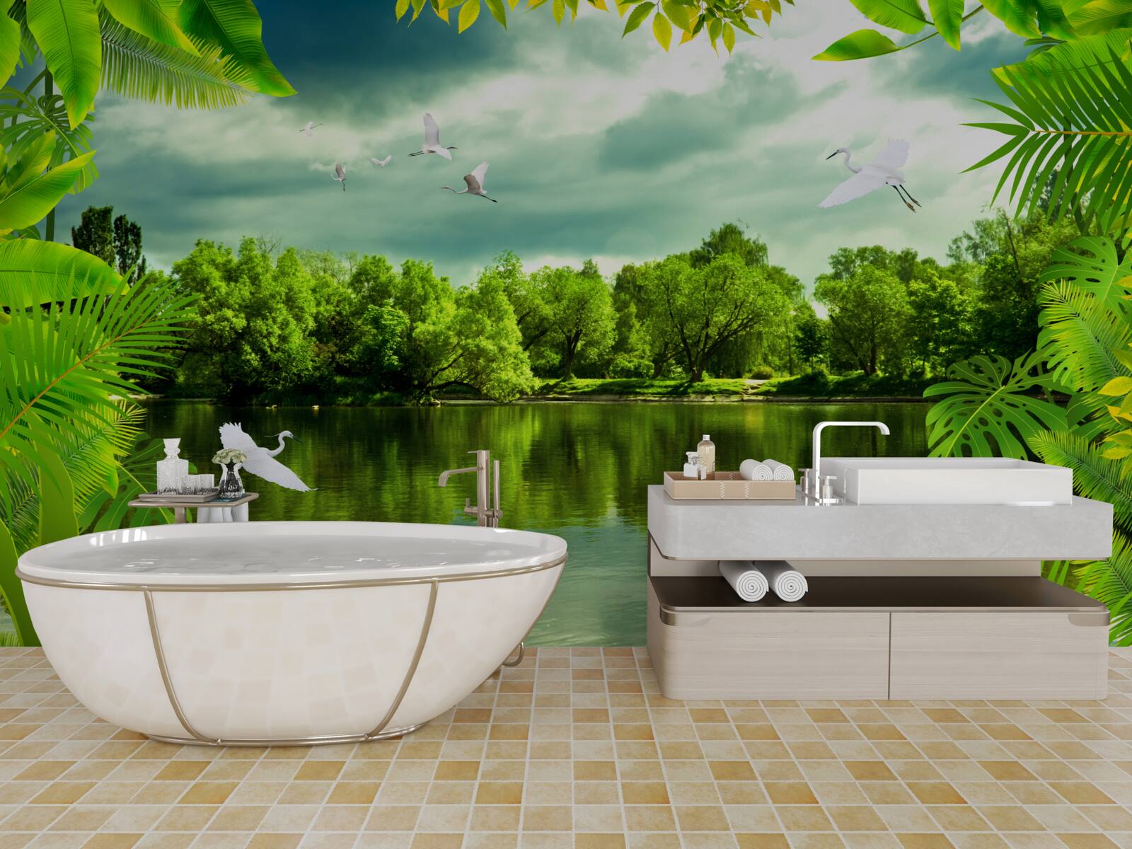 Fotobehang spectaculair meer in het bos