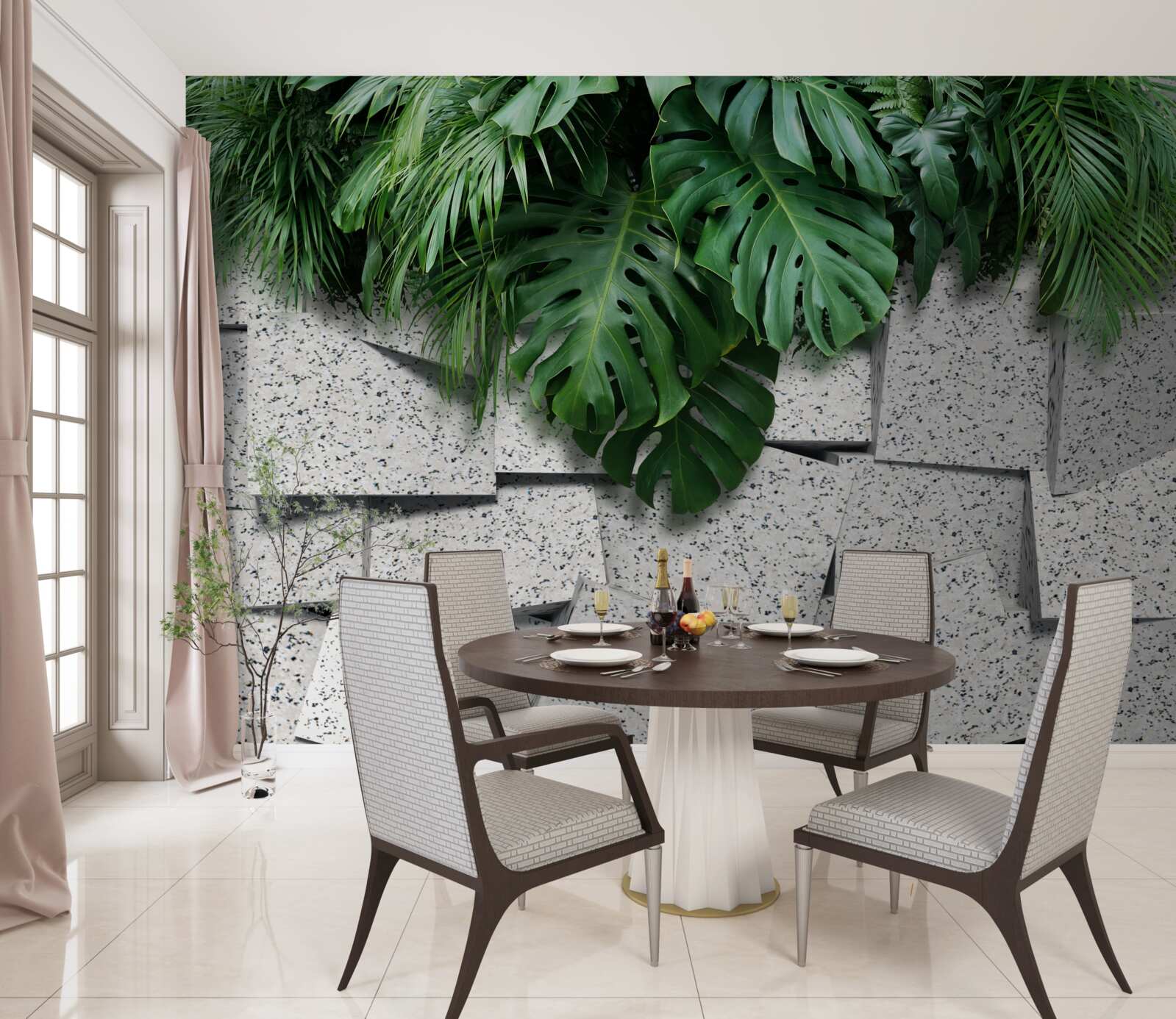 Fotobehang monstera in een tropische sfeer op een grijze achtergrond