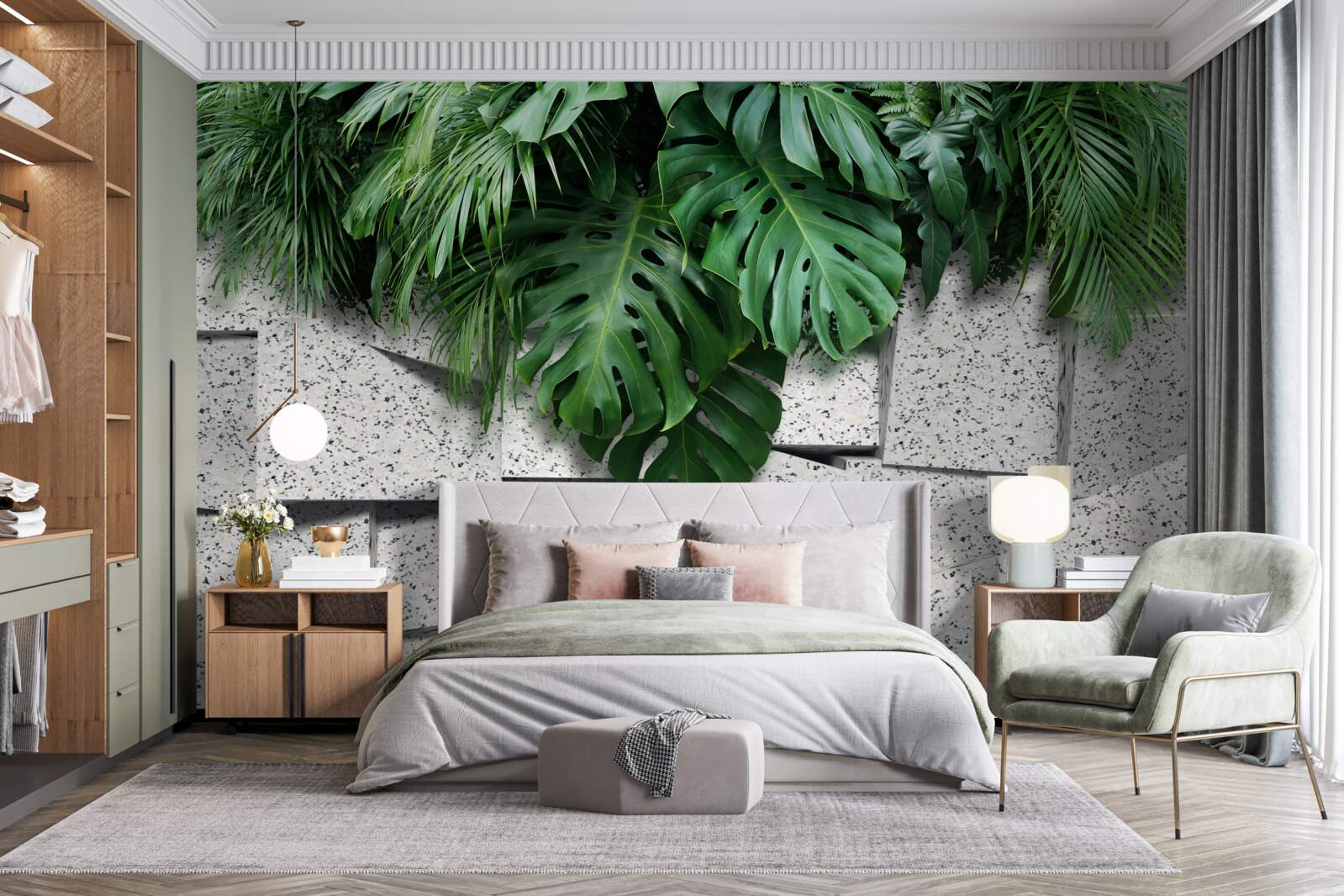 Fotobehang monstera in een tropische sfeer op een grijze achtergrond