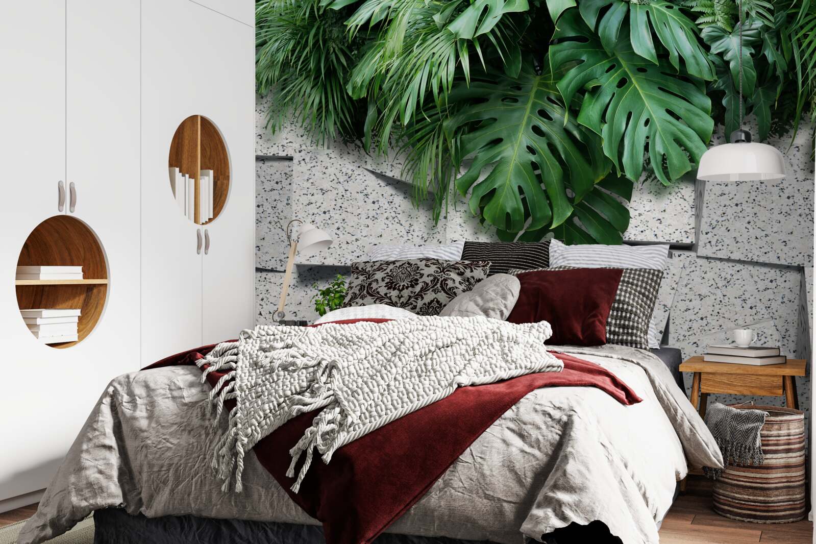 Fotobehang monstera in een tropische sfeer op een grijze achtergrond