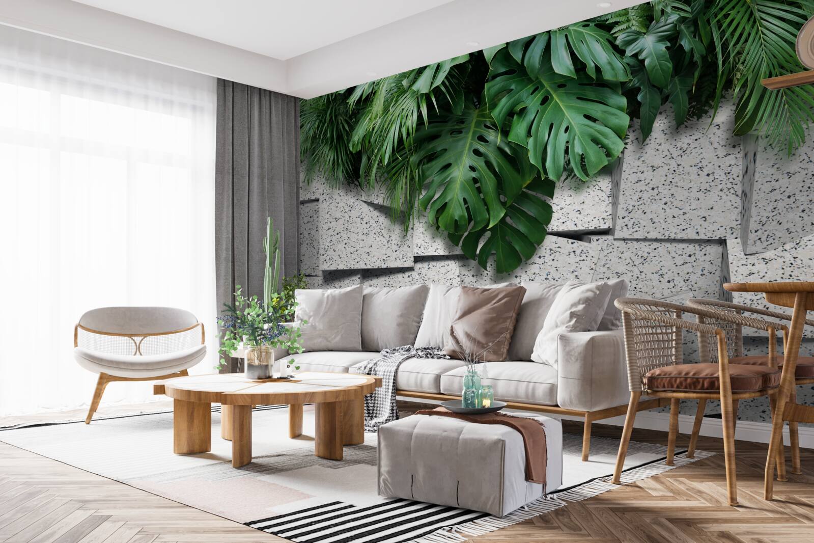 Fotobehang monstera in een tropische sfeer op een grijze achtergrond