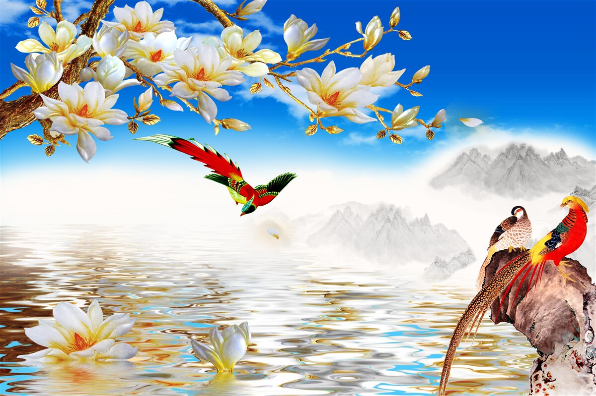 Fotobehang mooie vogels bij de vijver