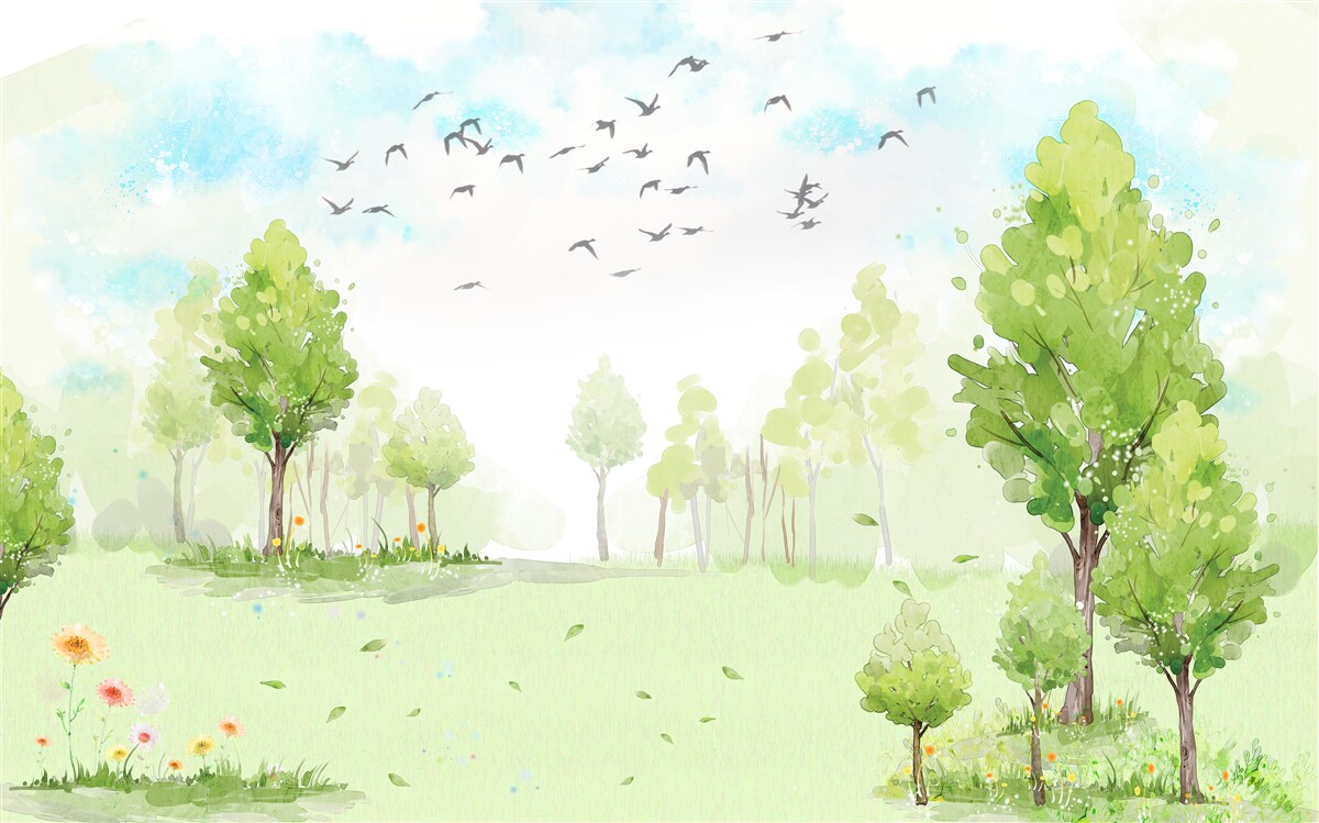 Fotobehang vlucht van vogels tussen de bomen