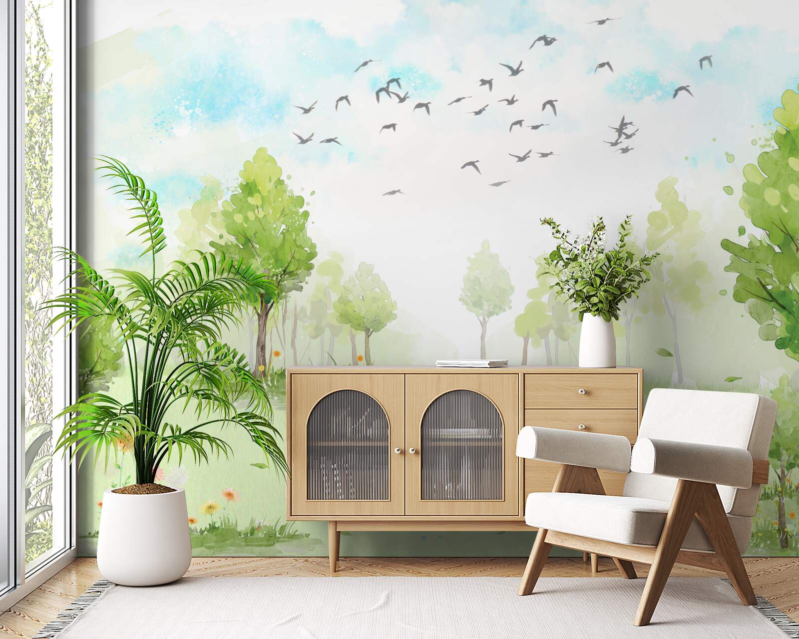 Fotobehang vlucht van vogels tussen de bomen