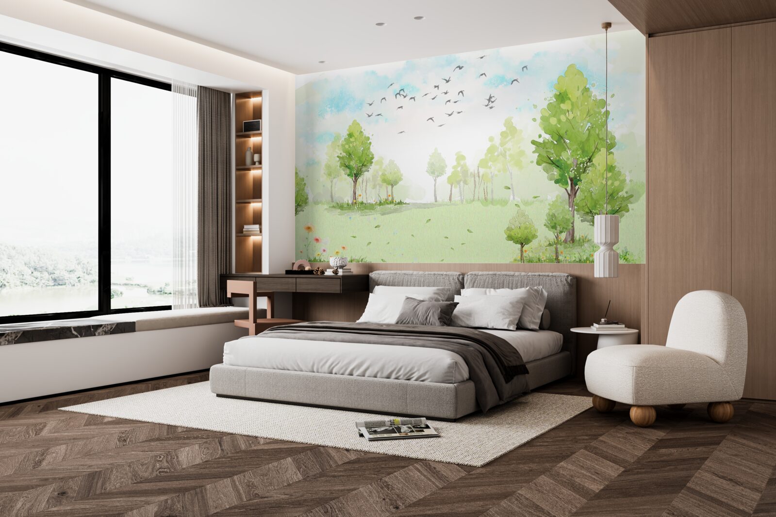 Fotobehang vlucht van vogels tussen de bomen