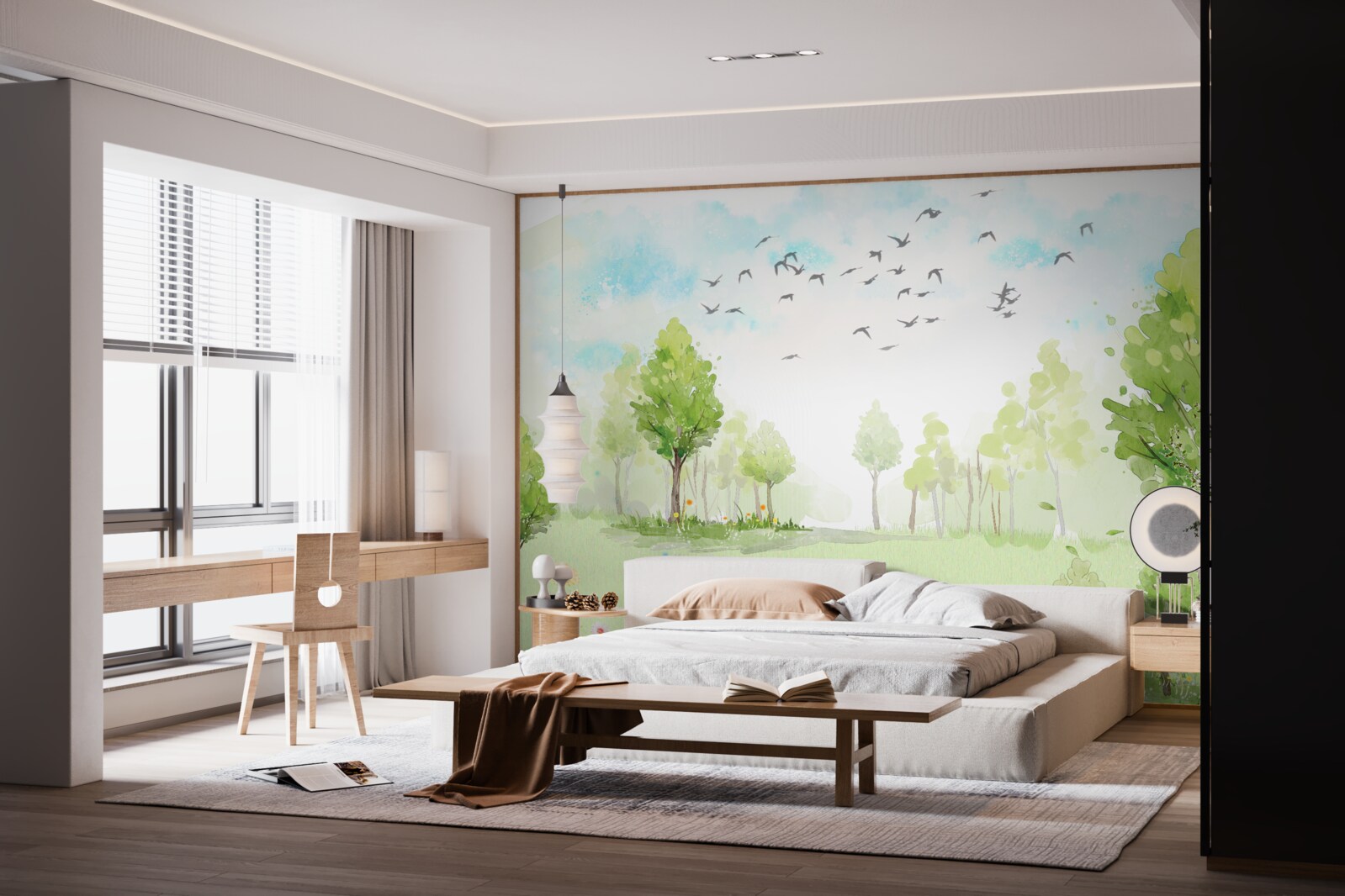 Fotobehang vlucht van vogels tussen de bomen