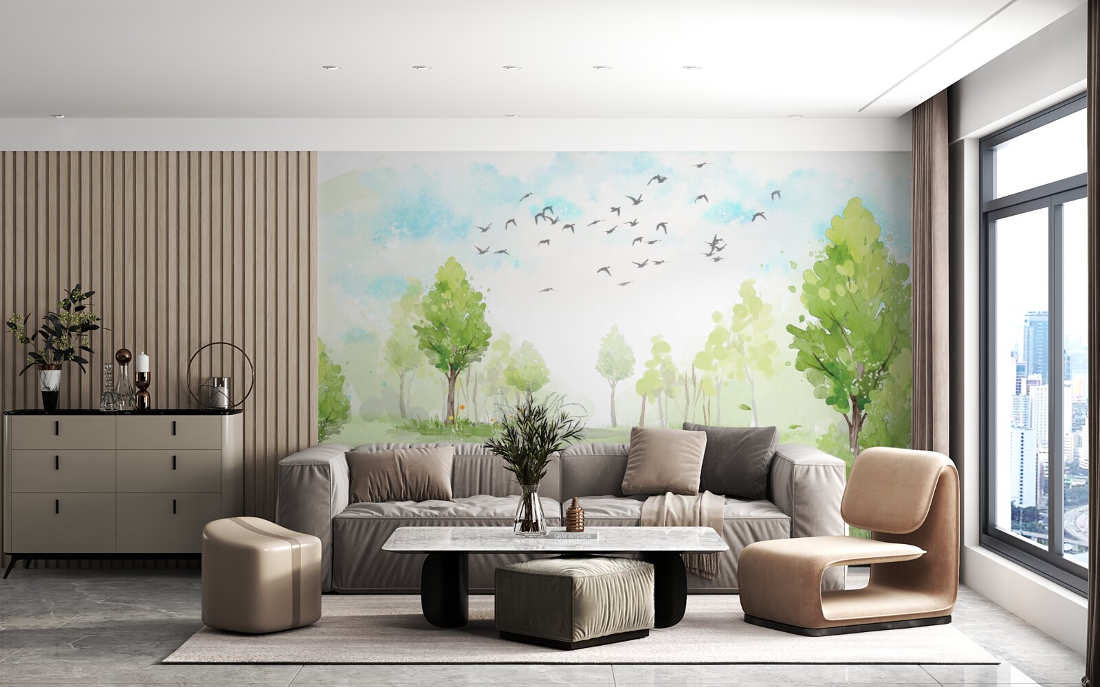 Fotobehang vlucht van vogels tussen de bomen