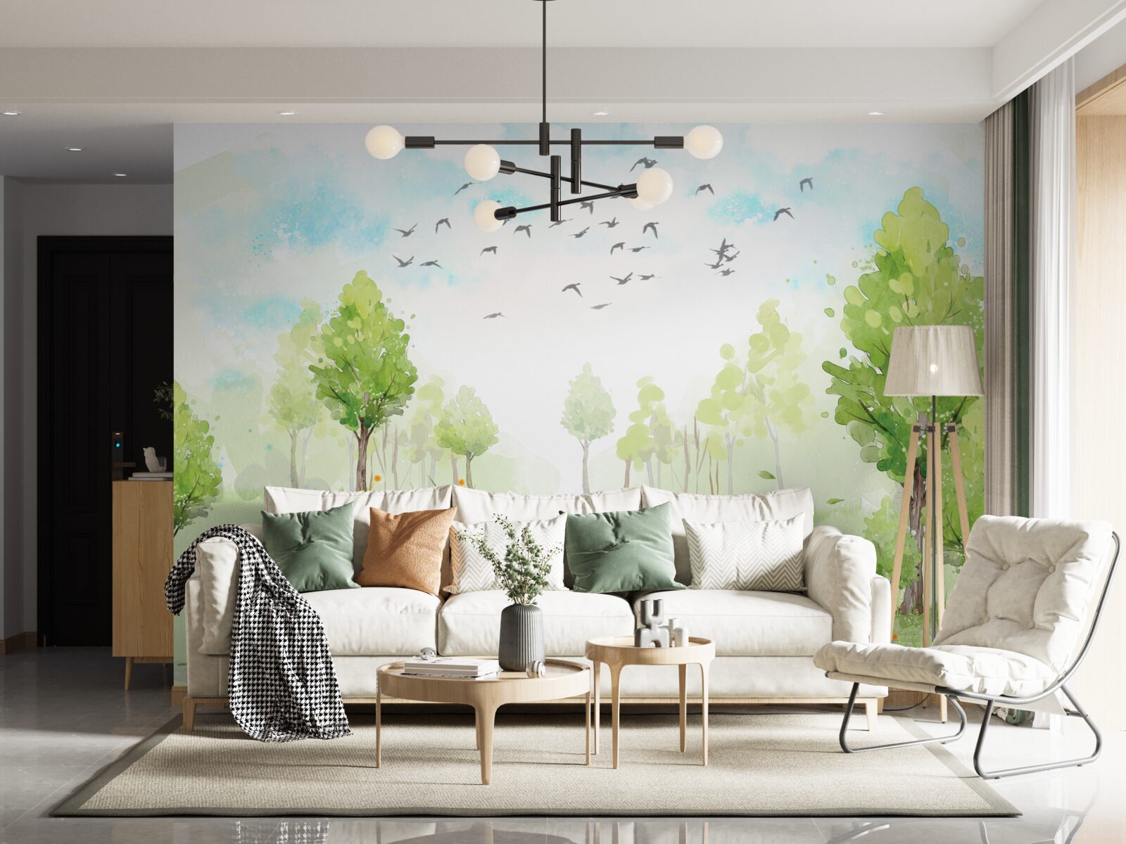 Fotobehang vlucht van vogels tussen de bomen