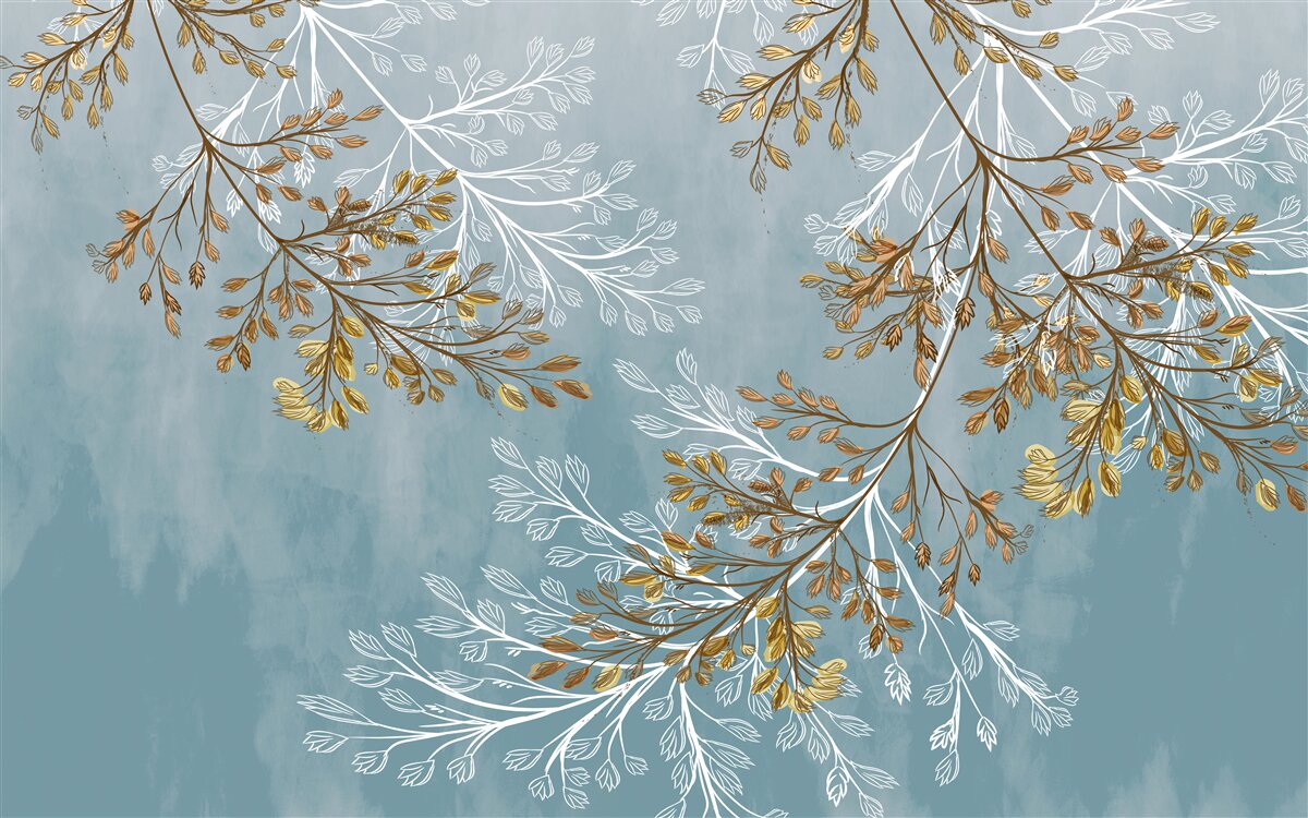 Fotobehang in de winter zijn de takken bezaaid met gouden franjes