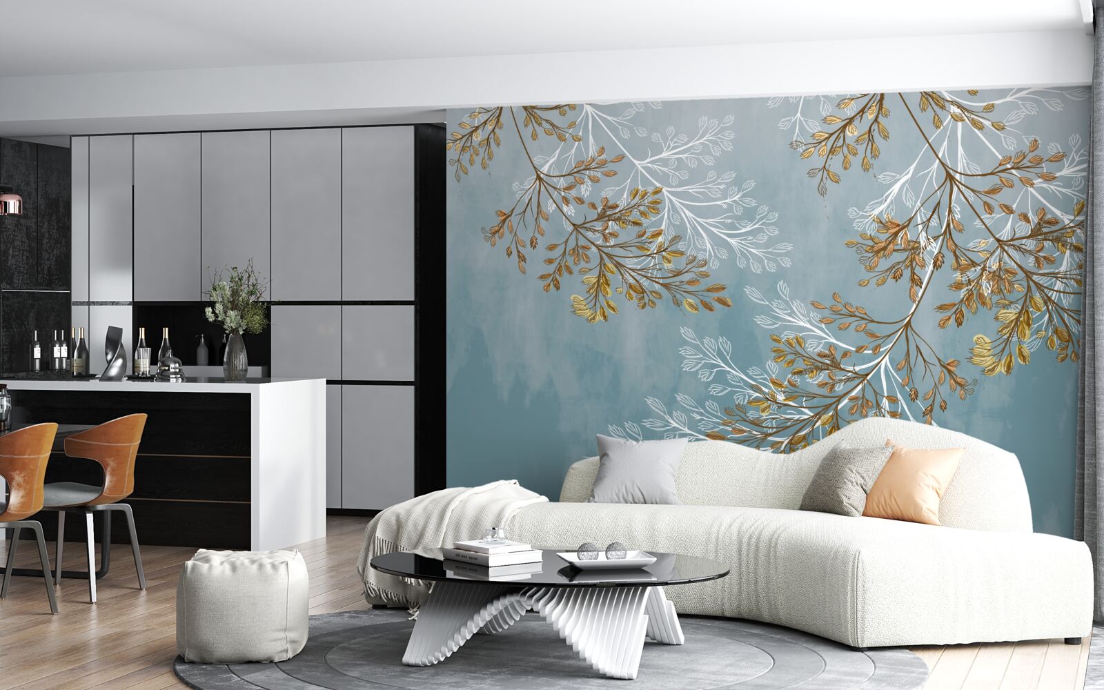 Fotobehang in de winter zijn de takken bezaaid met gouden franjes