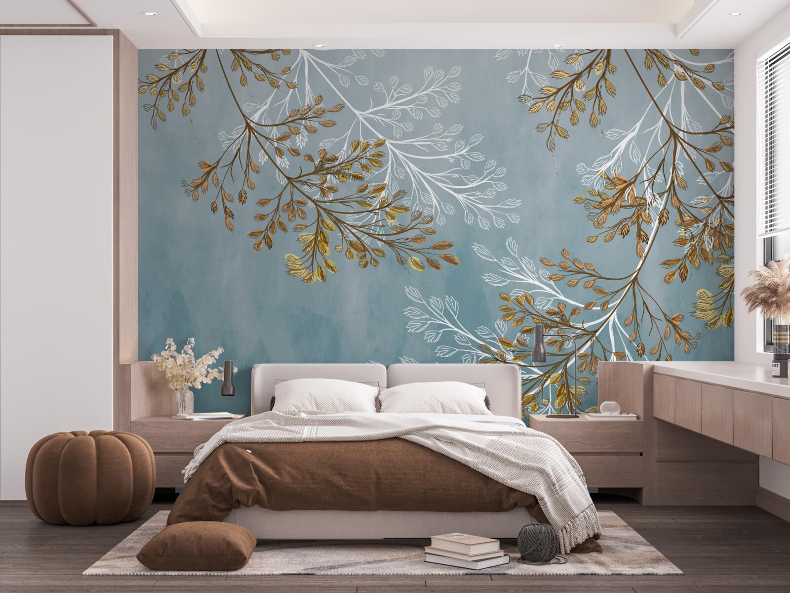 Fotobehang in de winter zijn de takken bezaaid met gouden franjes