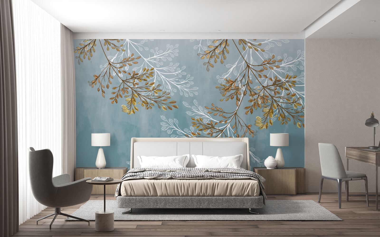 Fotobehang in de winter zijn de takken bezaaid met gouden franjes