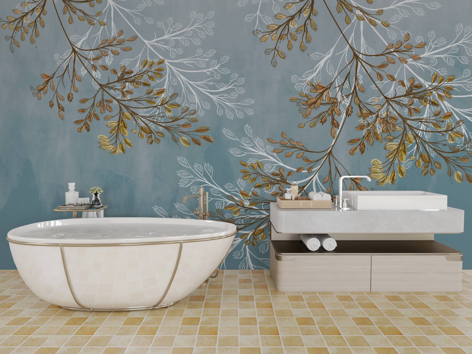 Fotobehang in de winter zijn de takken bezaaid met gouden franjes