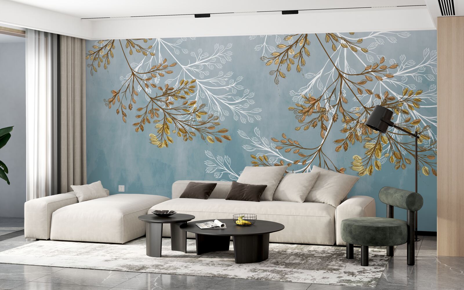 Fotobehang in de winter zijn de takken bezaaid met gouden franjes