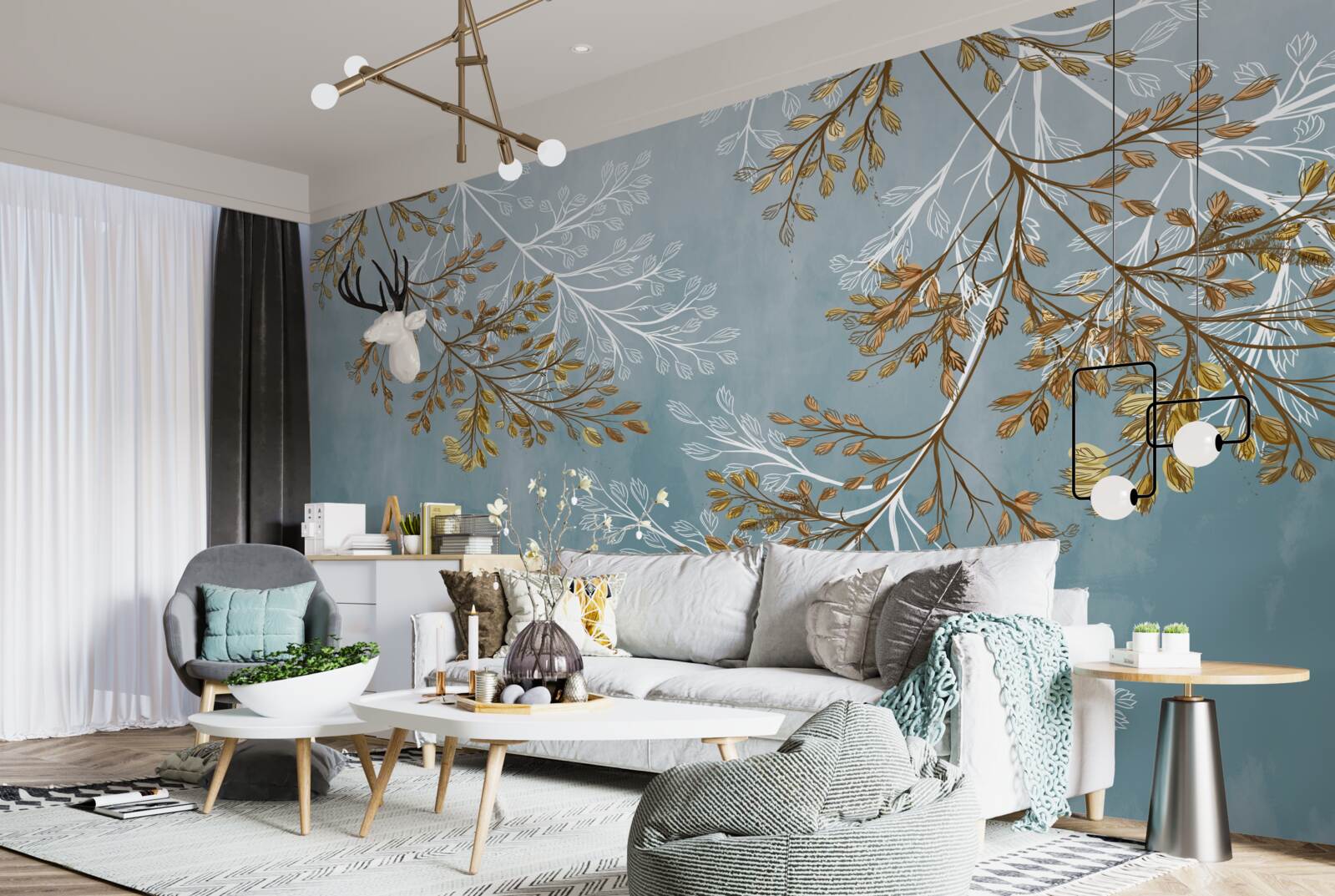 Fotobehang in de winter zijn de takken bezaaid met gouden franjes