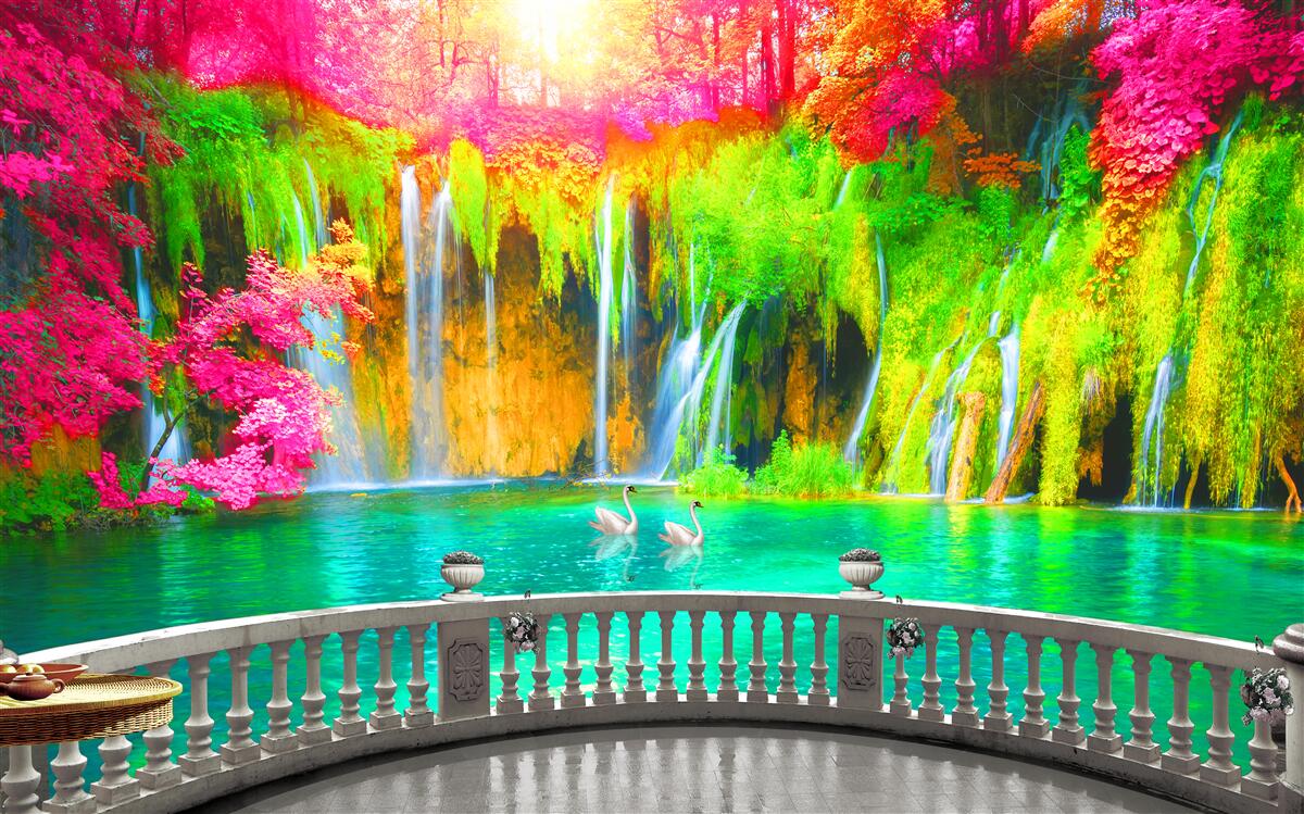 Fotobehang patio met panoramisch uitzicht op het schilderachtige platteland