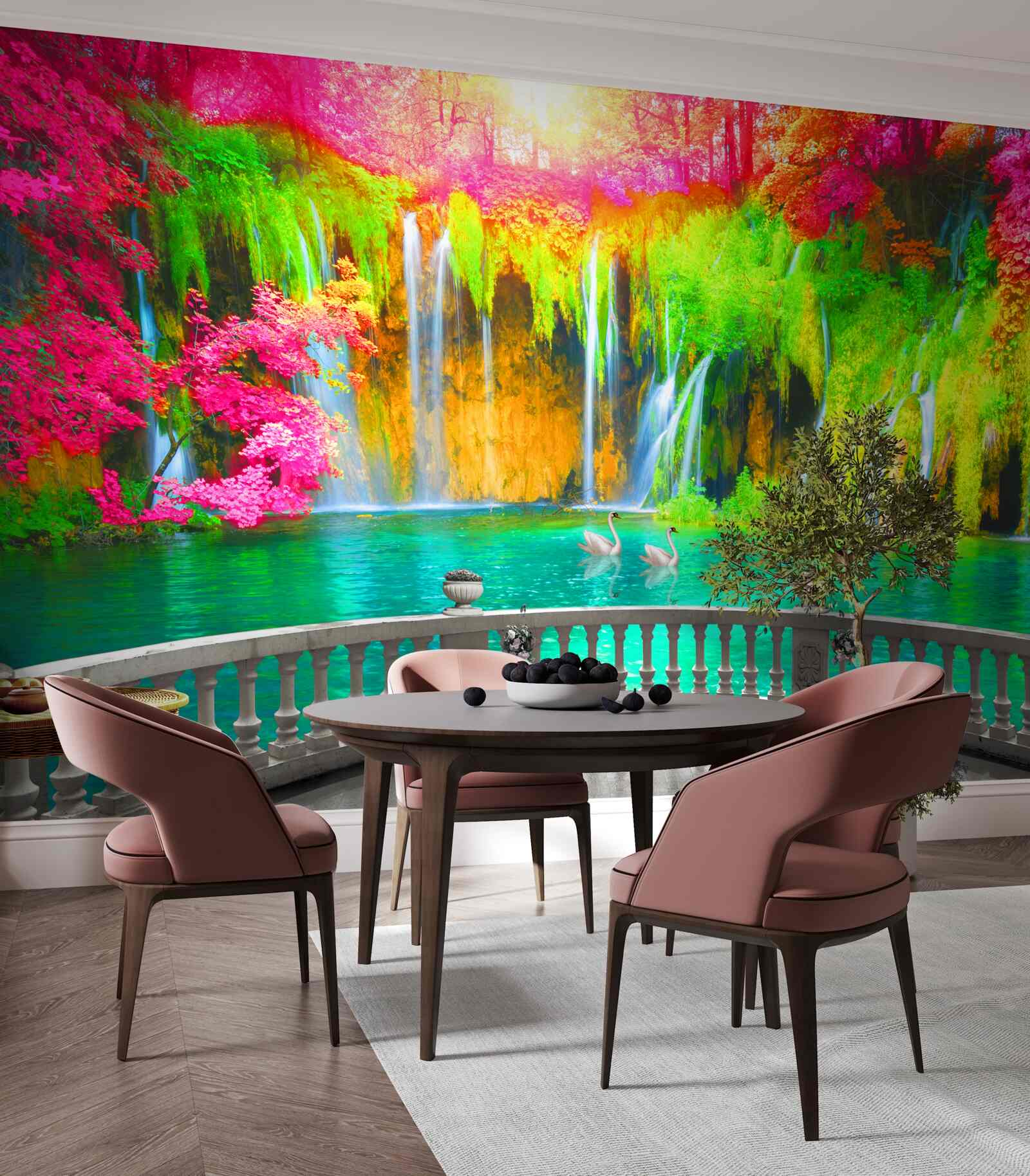 Fotobehang patio met panoramisch uitzicht op het schilderachtige platteland