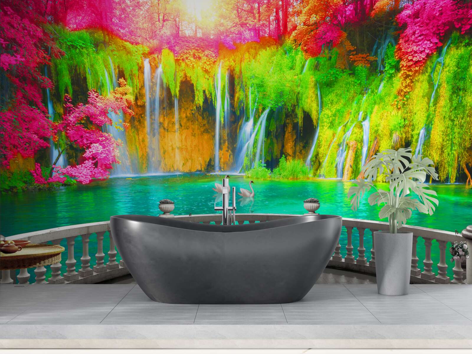 Fotobehang patio met panoramisch uitzicht op het schilderachtige platteland